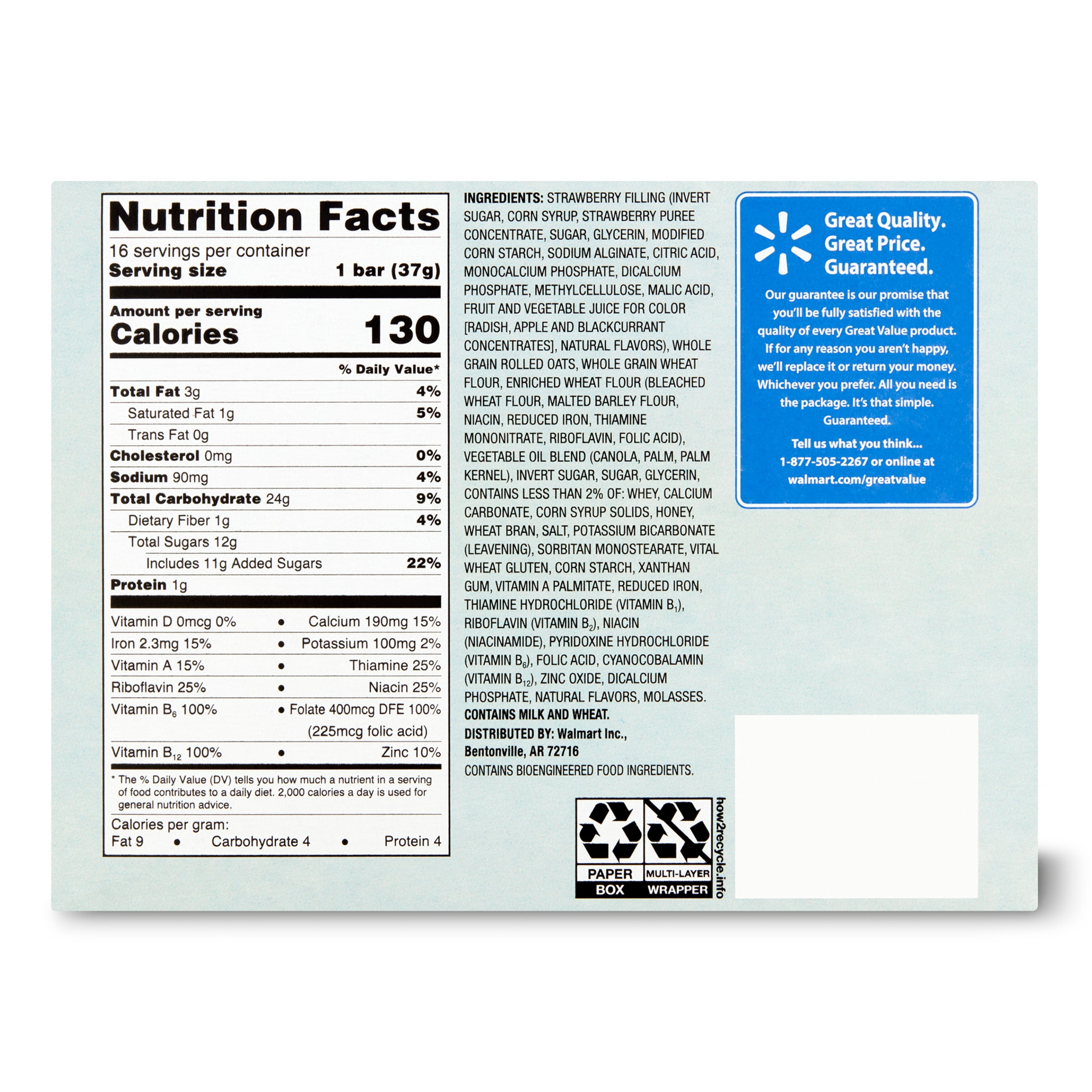 Great Value Fruit & Grain Cereal Bars, Strawberry, 1.3 oz, 16 Count