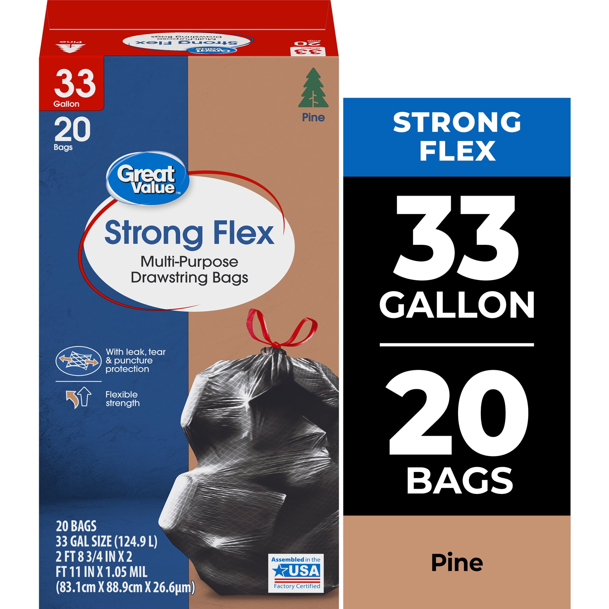 Great Value Strong Flex 33-Gallon Multi-Purpose Drawstring Trash Bags, Pine Scent, Black, 20 Bags