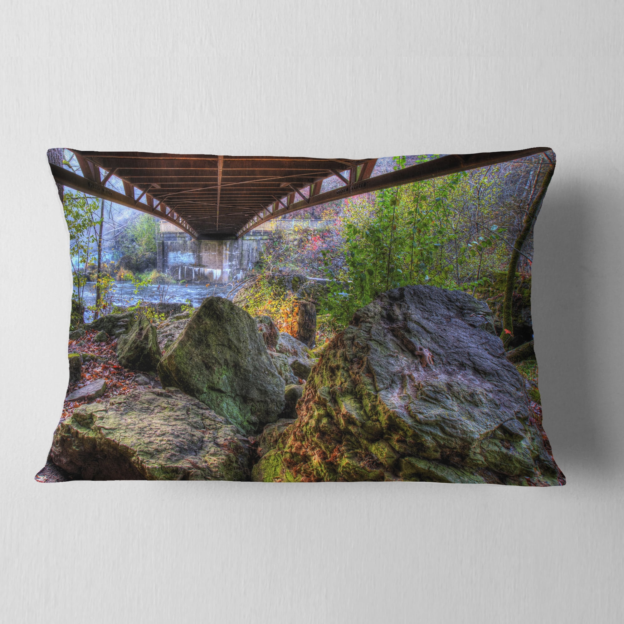 Designart Large Rocks Under Bridge in Creek - Landscape Photography Throw Pillow - 12x20