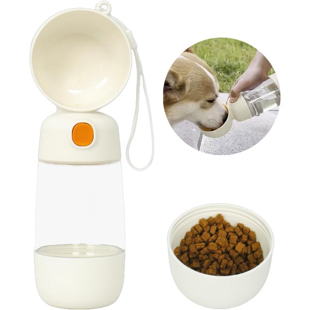 Dog Water Bottle with Food Container, Lightweight and Portable Pet Water Bottle - Leakproof Dog Travel Water Bottle for Pets Outdoor Walking, Travel (White Drinking + Feeding - 400ml + 185ml)