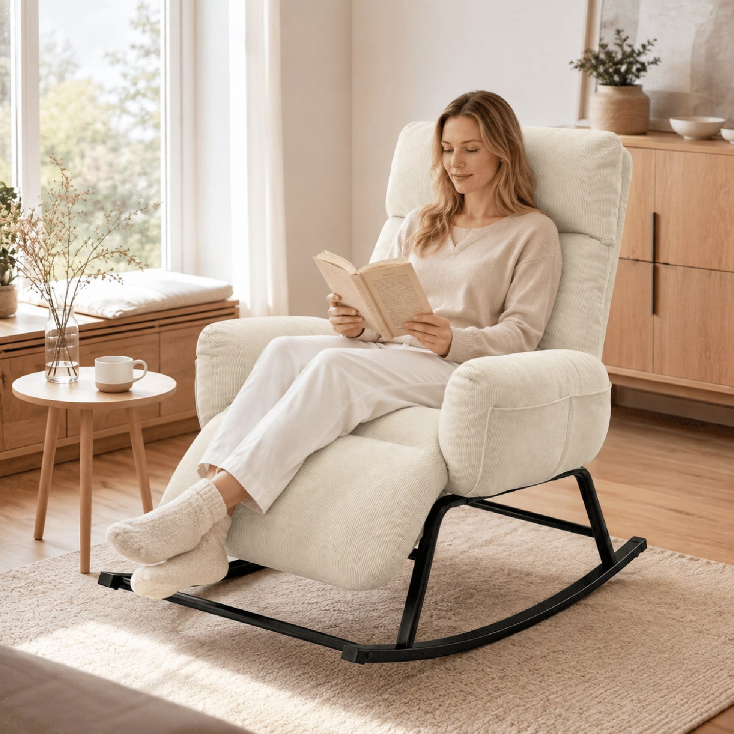 Upholstered Rocking Chair with Retractable Footrest, Plush Lounge Chair with Side Pocket, Tufted Cushion Seat for Living Room, Bedroom, Study and Patio