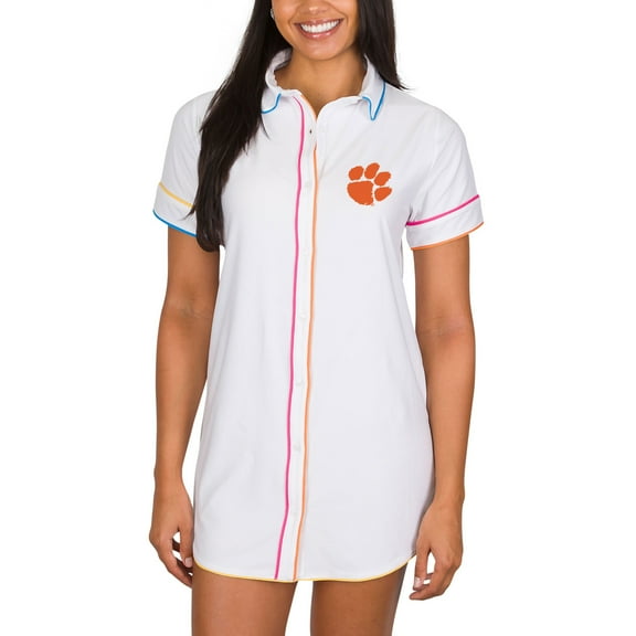 Women's Concepts Sport White Clemson Tigers Flutter Knit Button-Up Nightshirt