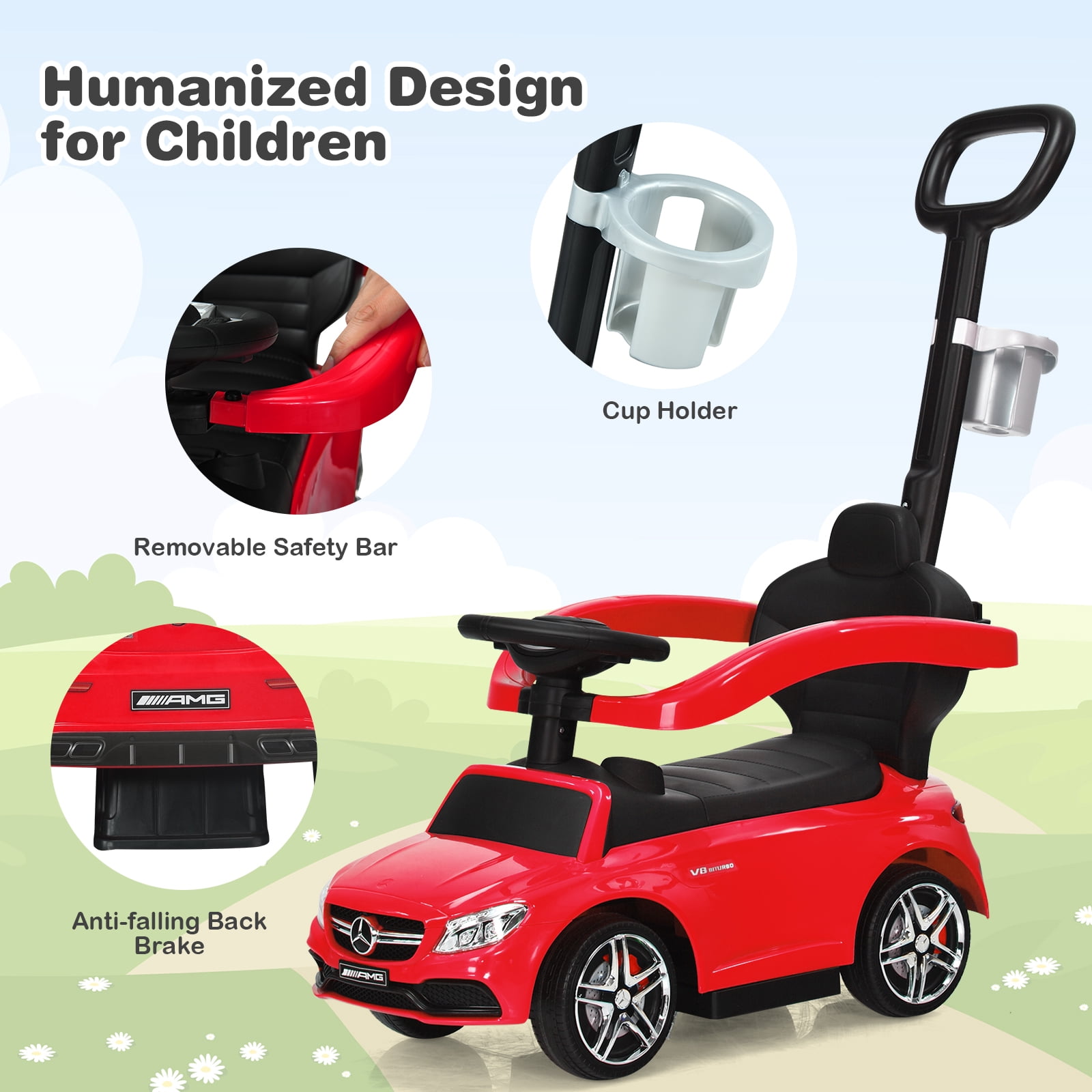 Infans 3 in 1 Ride on Push Car Mercedes Benz Toddler Stroller Sliding Car Red