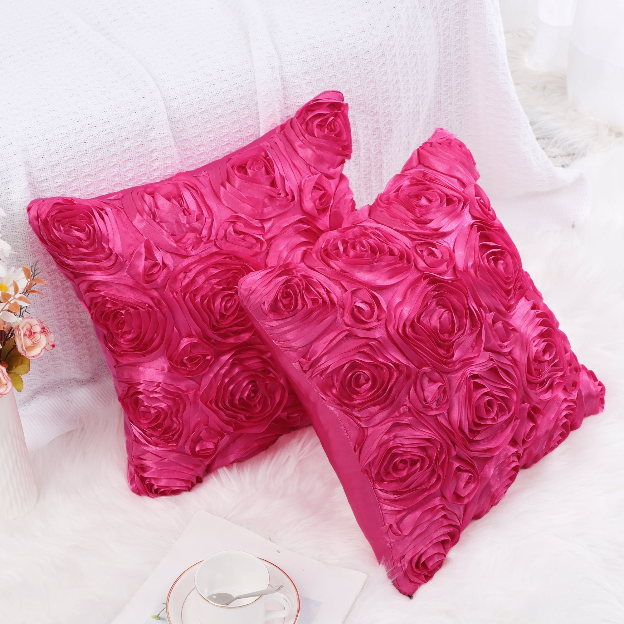 PiccoCasa Decorative Throw Pillow Covers 3D Satin Rose Flower Shells Cushion Covers, 2Pcs, 16"x16" Fuchsia