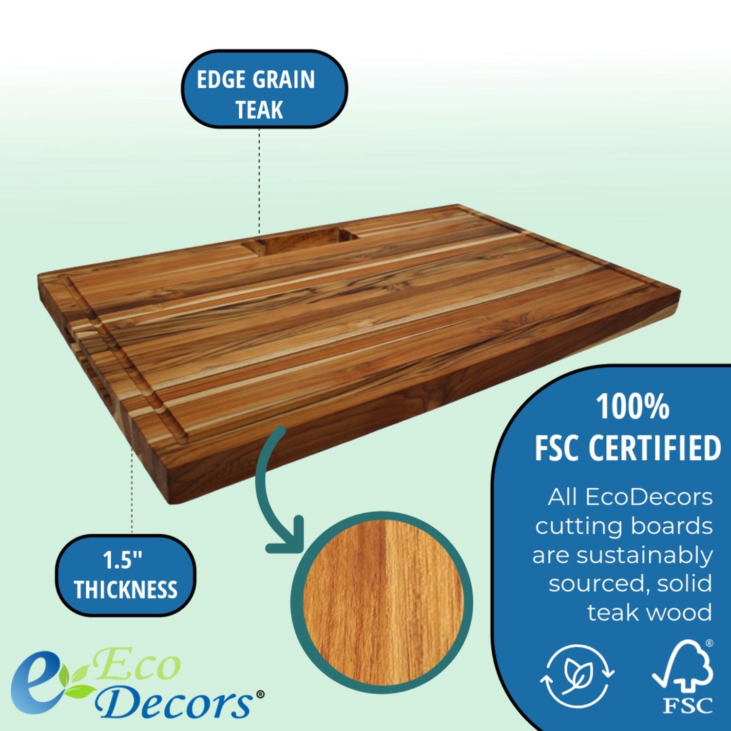 EcoDecors 29" x 18" FSC Teak Edge Grain Stove Top Cutting Board with Groove  Handle
