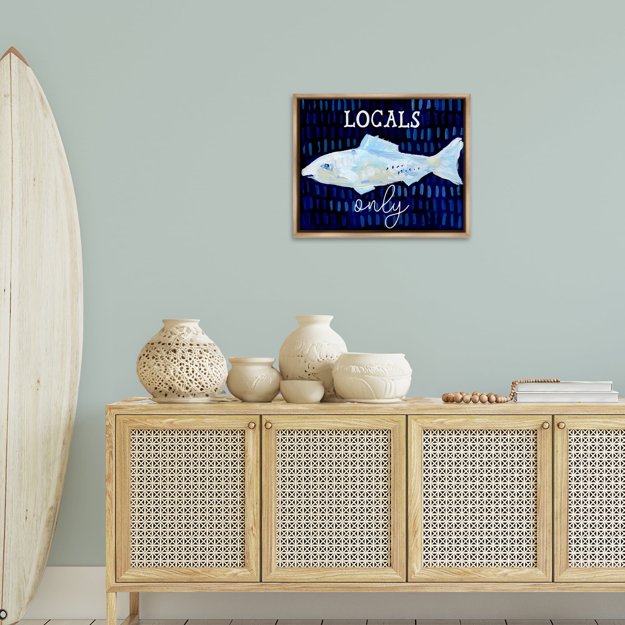 Stupell Industries Locals Only with Fish Animals & Insects Painting Brown Floater Framed Canvas Art Print Wall Art, 21 x 17