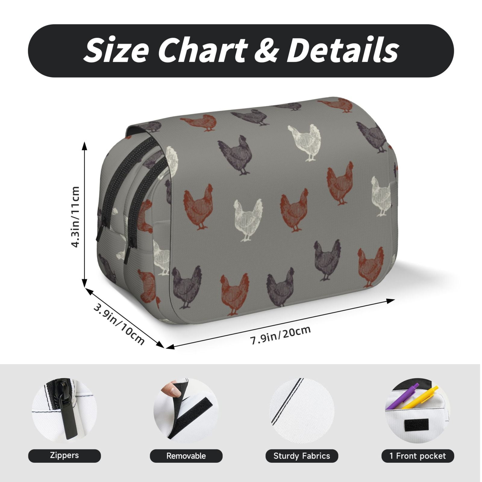 Rateoe Rooster Pattern Double Clamshell Pen Case, Storage Organizer with Two Zipper Compartments– Holds Up to 50 Pencils & Pens
