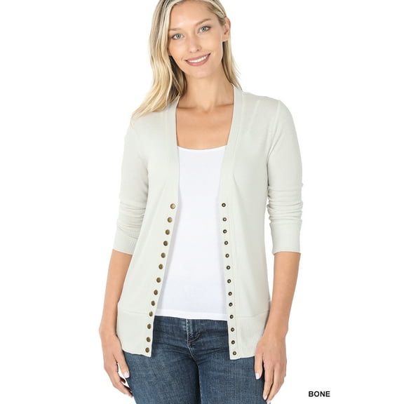 Zenana Women & Plus Front V-Neck Classic Thin Snap Button Down 3/4 Sleeve Ribbed Knit Cardigan