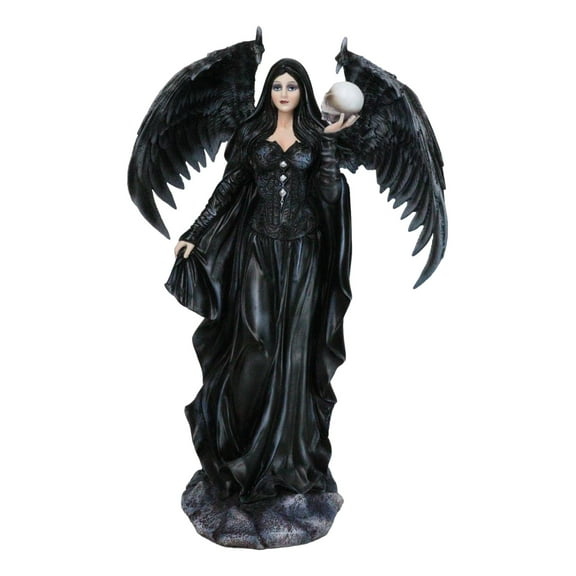 Gothic Messenger Black Cloaked Fairy With Raven Wings Holding Skull Figurine