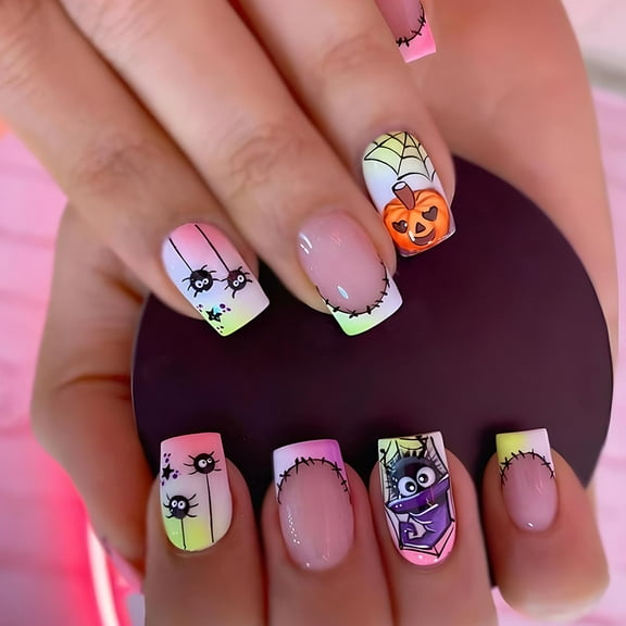 Halloween Square Fake Nails Acrylic Nails Spiders False Nails on Nails Full Cover Fake Nails