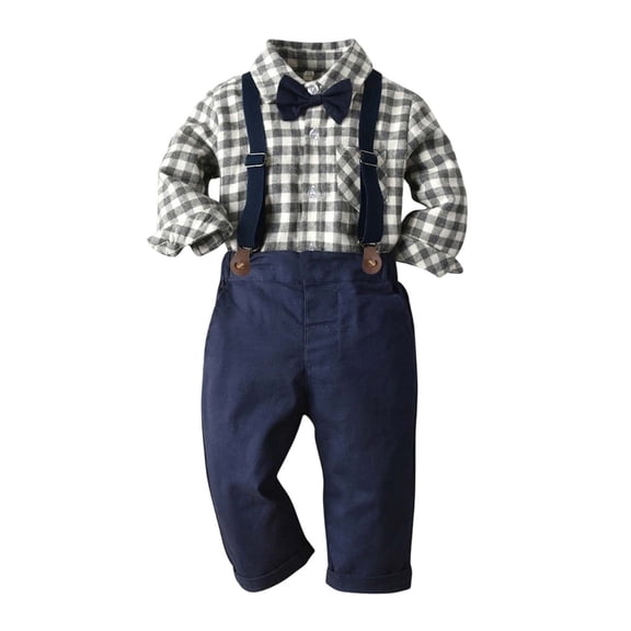 LEKWK Boys Gentleman 3 Piece Outfits Plaid Long Sleeve Button Down Shirt with Bowtie and Suspender Pants Toddler formal Party Dress Suit Fall Matching Sets