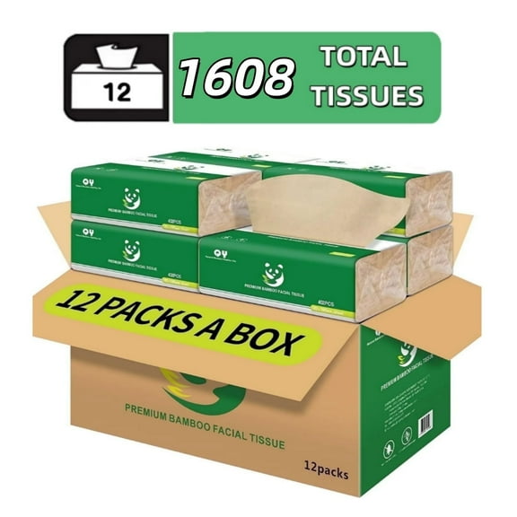 QingYa Bamboo Facial Tissue, 3 Ply Soft Unbleached Facial Paper, 12 Packs, 134 Tissues per Pack