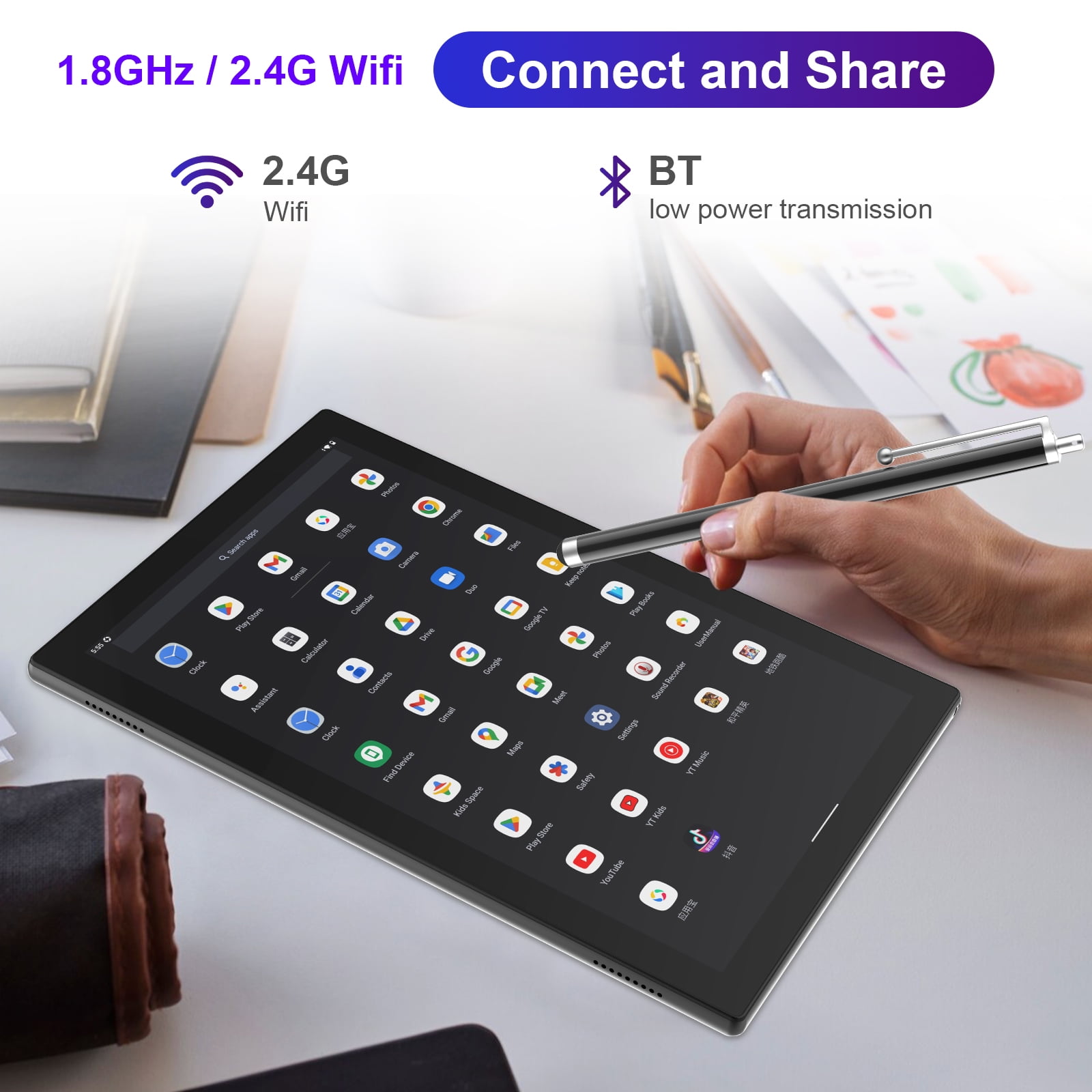 10 inch Tablet Android, 2 in 1 Tablet with Keyboard, 4GB+64GB Tablet PC, Quad Core, 1280 * 800 HD Screen, Dual Camera, Wi-Fi, BT Computer Tablets with Case Mouse Stylus