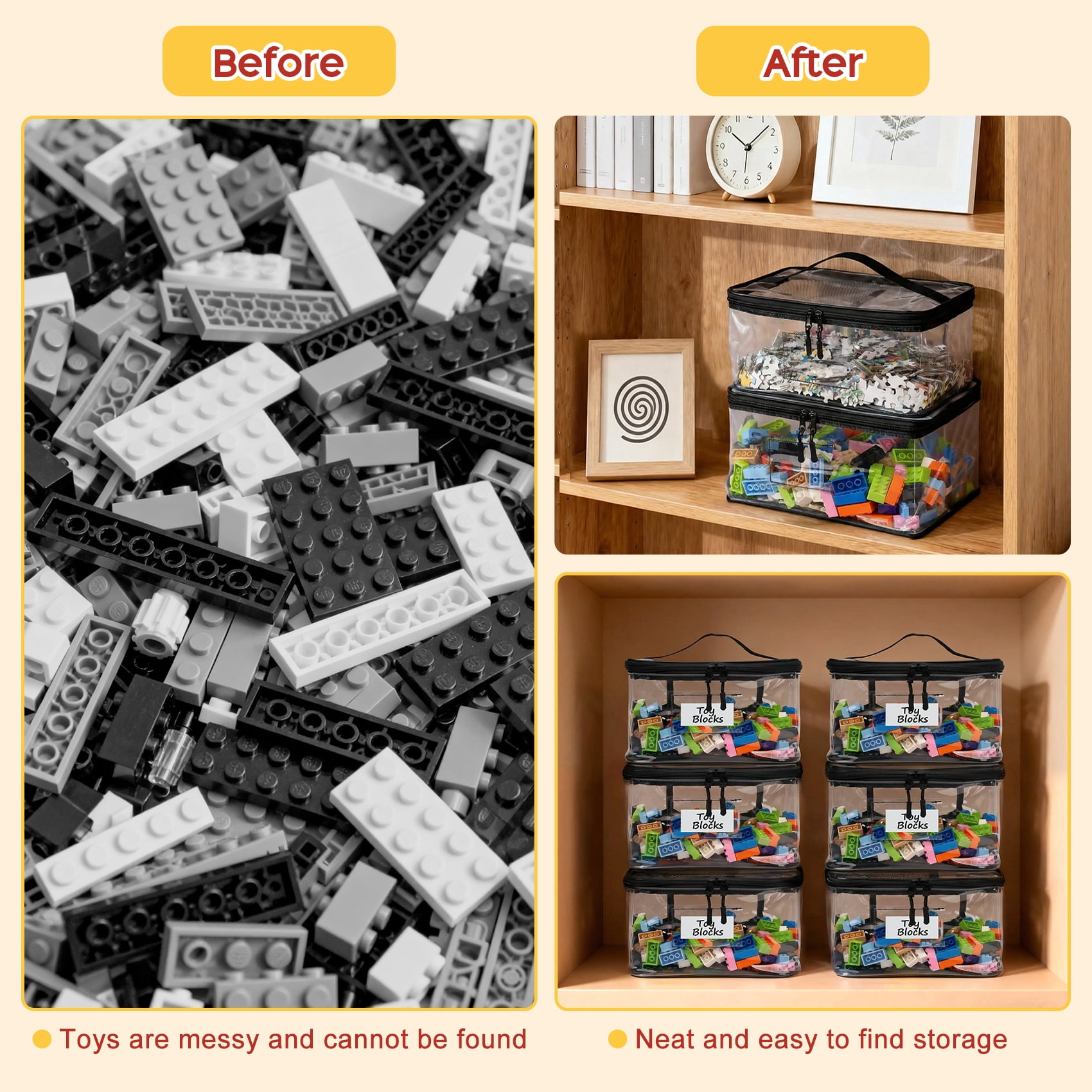 4-Pack Clear PVC Toy Storage Bags with Handles, Zippered Organizer Bags for Puzzles Board Games Legos, Playroom Storage Cases with Label