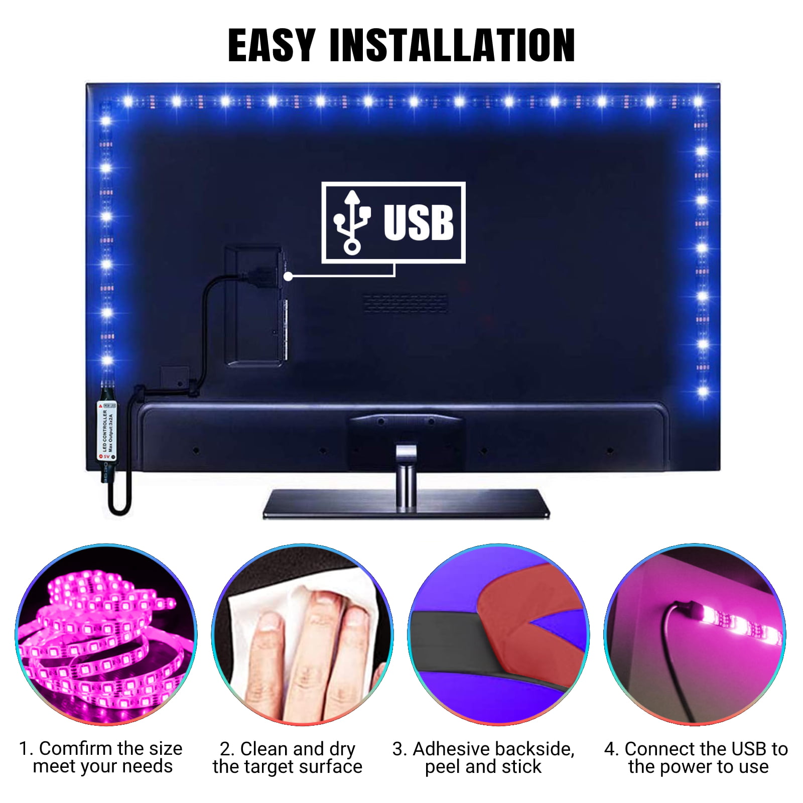 KPUPE RGB Cuttable LED Strip Lights, USB Powered, SMD 5050 Flexible LED  Lights for TV Backlight, Decoration(1m/3.28ft)