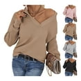 thumbnail image 4 of Suéter de punto con cuello en V y cuello de solapa para mujer, suéter de Color puro con manga larga acampanada, para otoño e invierno, color tostado claro S, 4 of 6