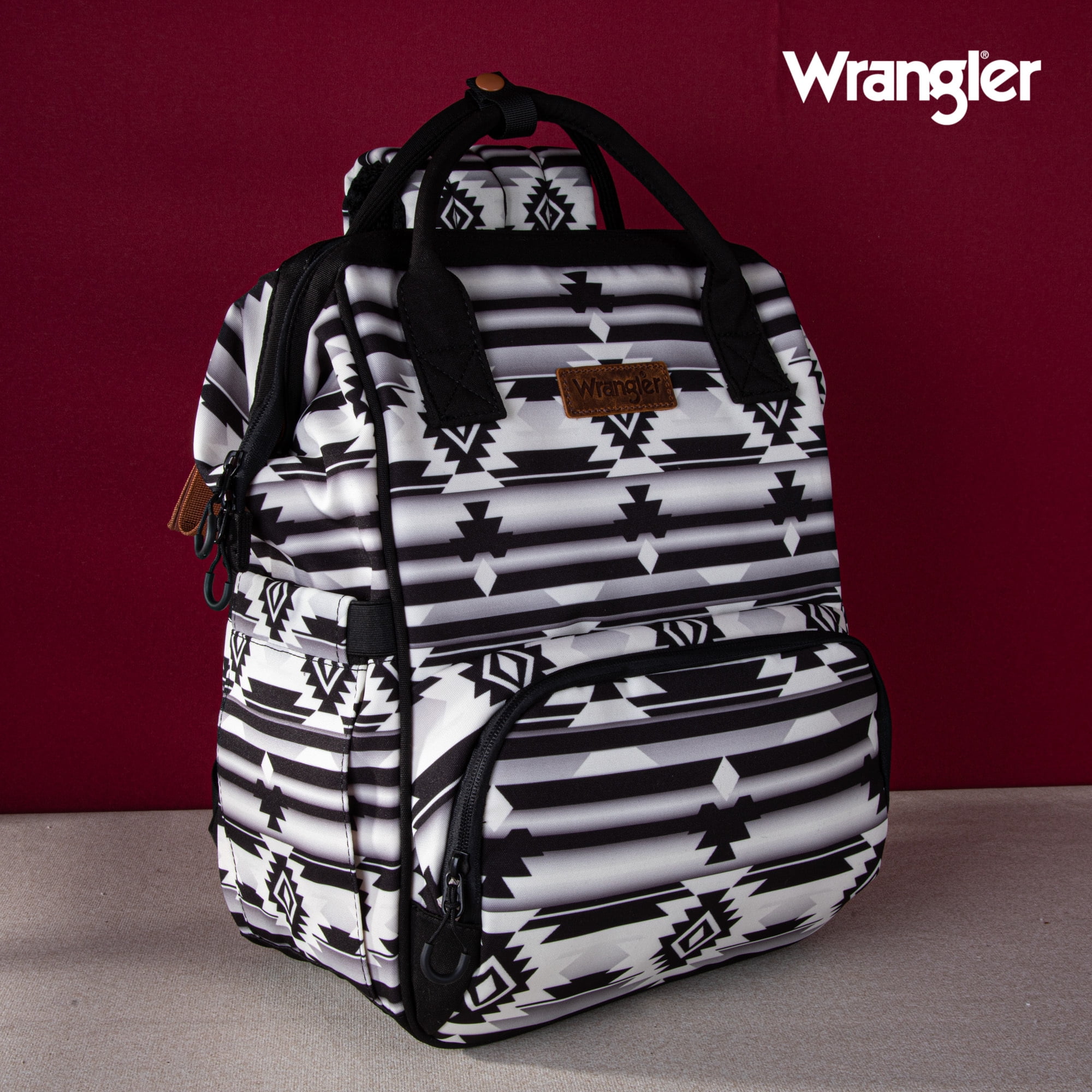 Wrangler Aztec Travel Backpack Baby Bag for Women with Stroller Strap and Side Bottle Pockets Organized Diaper Bag, Black