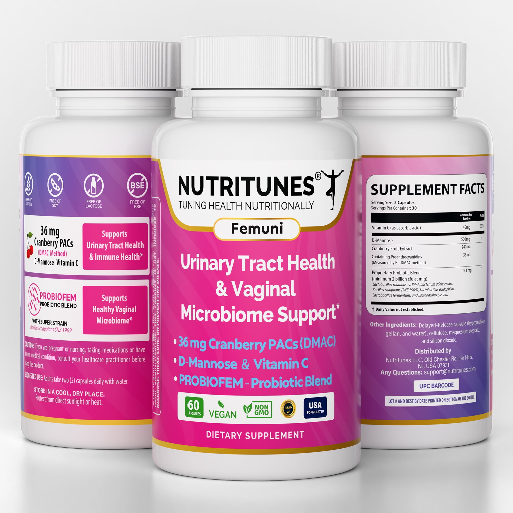 Femuni UTH Urinary Tract Health Supplement for Women – 36mg Cranberry PACs, D-Mannose, Probiotics & Vitamin C – Supports Urinary & Vaginal Health, pH Balance & Immune Support – 60 Capsules