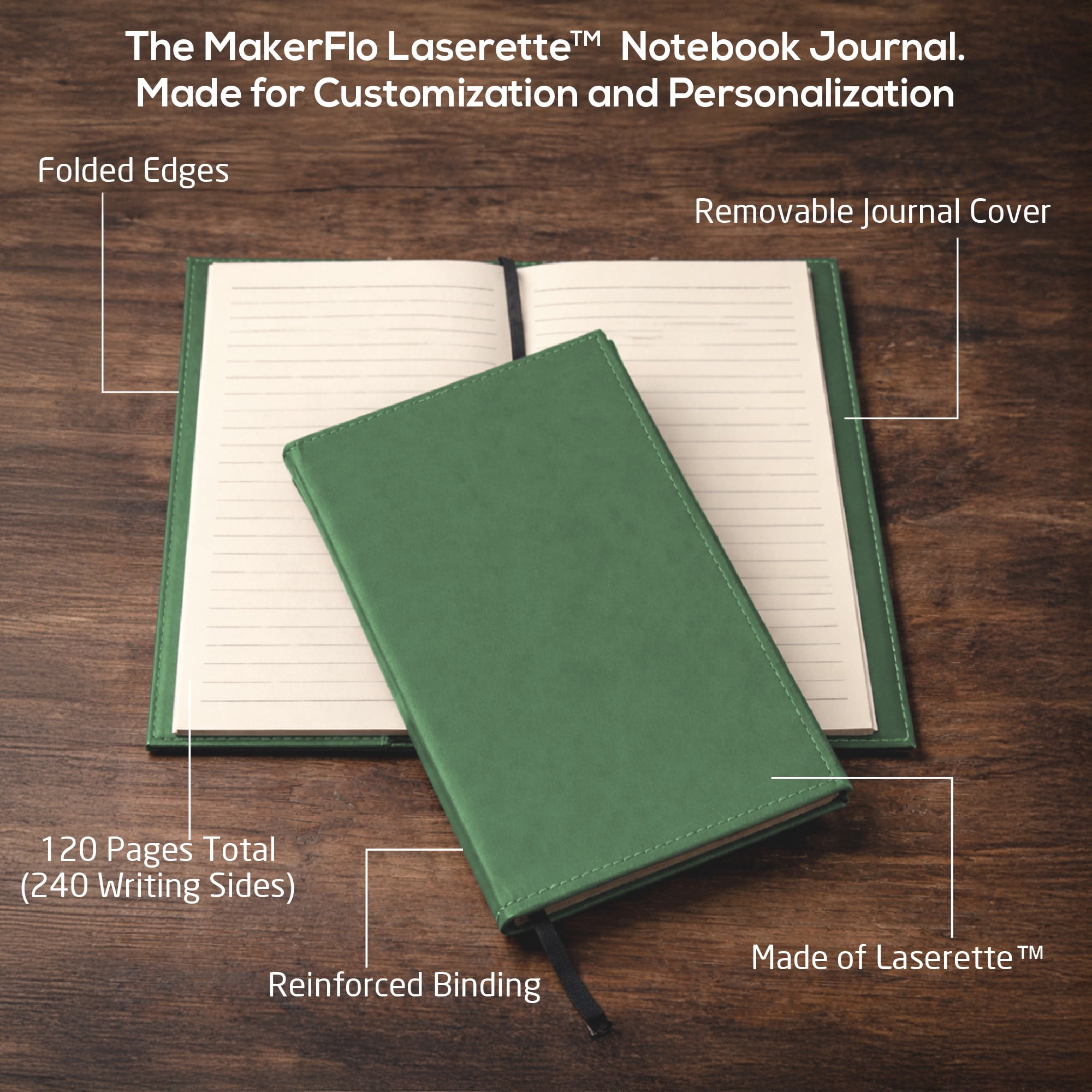 MakerFlo Laserette Refillable Journal for Adults, 8.75" x 5.5", Vegan Leather Cover with Lined Pages, pack of 12, Sage