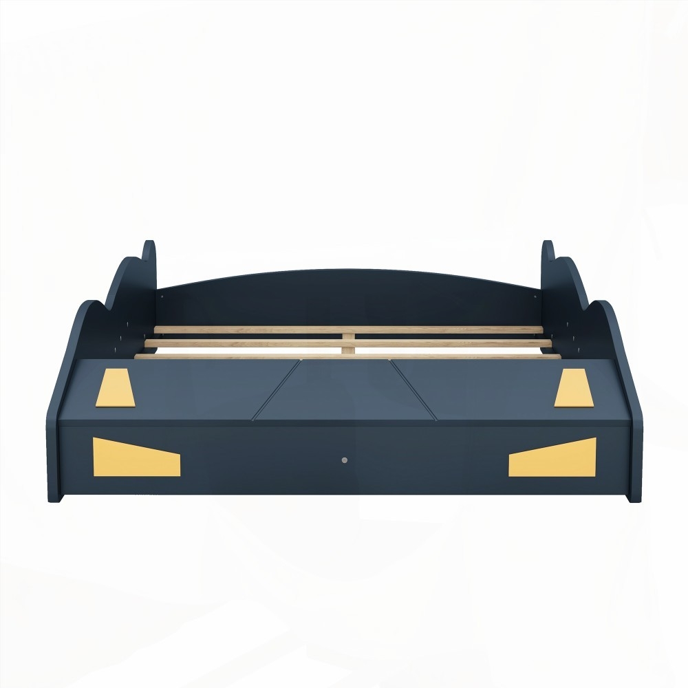 Full Size Race Car Bed with Storage & Wheels - Dark Blue+Yellow