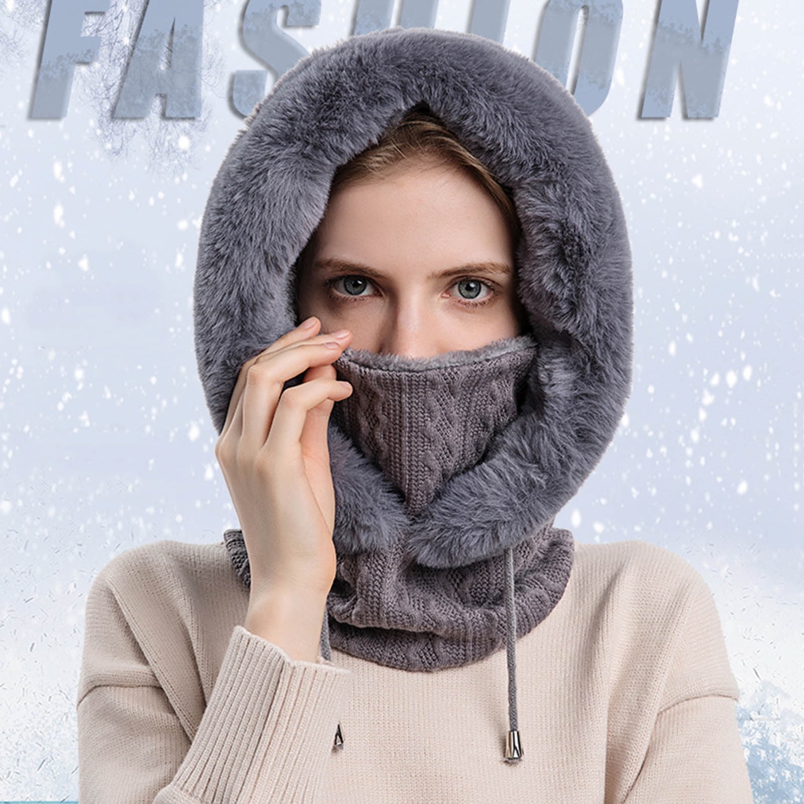 GPOECD Winter Thermal Hooded Face for Women Outdoor Ski Riding Cold Weather Protective Headgear with Integrated Bib Grey,One Size