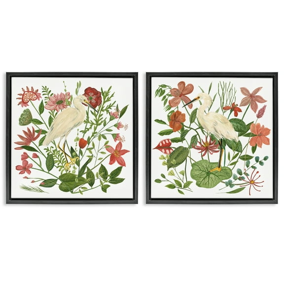 Stupell Industries Egrets Color Pop Flowers Plants & Flowers Painting Black Floater Framed Canvas Art Print Wall Art, 18 x 18, Set of 2