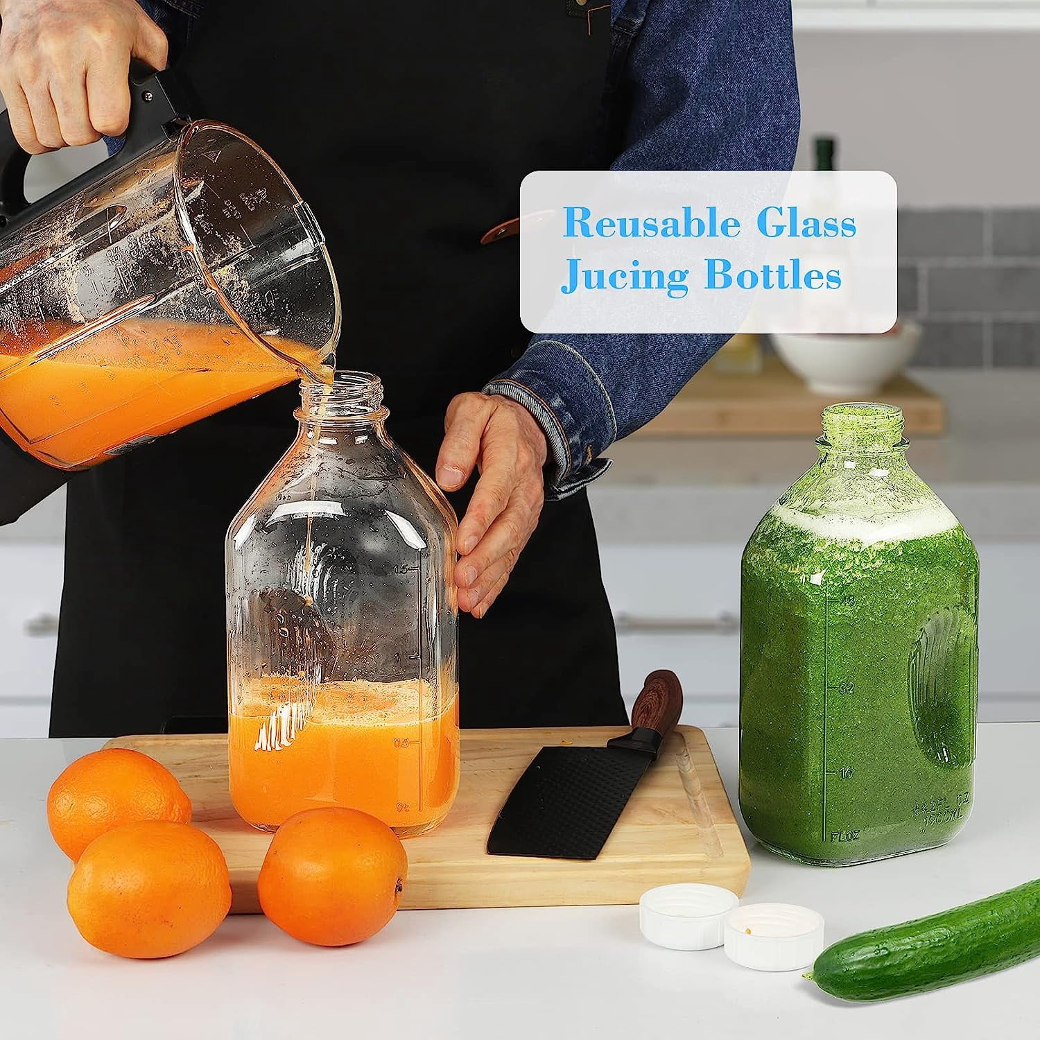 2 Qt Glass Milk Bottle with Reusable Strong Airtight SCREW LID, 64 Oz Glass Juice Bottles for Almond Milk, Oat Milk Nut Milk- 0.5 Gal Glass Water Bottle with 2 Exact Scale Lines, Extra Handle AND