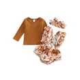 thumbnail image 1 of Franhais Infant Baby Girl Jumpsuit Set, Solid Color Ribbed Long Sleeve Romper + Flower Print Ruffled Suspender Shorts + Bow Headband, 1 of 8
