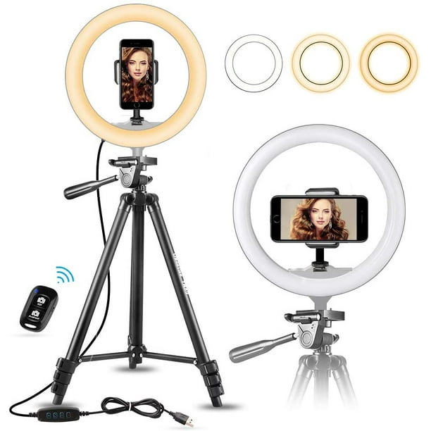 WINGOMART 10" 25cm Selfie Anneau LED Lumière avec 50" Extensible Support de Trépied & Support de Téléphone Flexible pour Live Stream / Maquillage, avec Télécommande