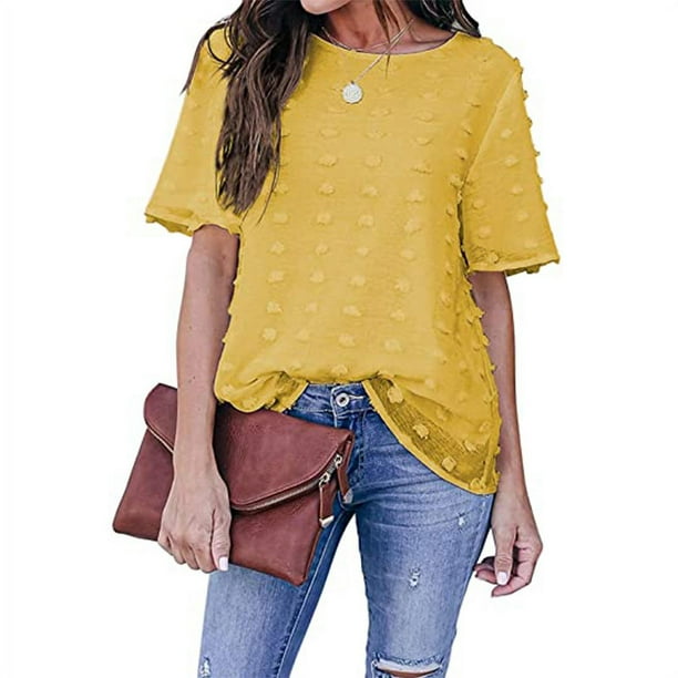 Women Chiffon Blouse Swiss Dot Casual Round Neck Long Sleeve Pom Pom Shirts  Back Keyhole Tops Yellow XL 