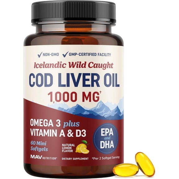 Cod Liver Oil Softgels with Omega 3, Vitamin A & D3, 1000mg, 60 Count
