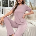 thumbnail image 4 of Diufon Pajama Set for Women Round Neck Short Sleeve Tops Lounge Pants Solid Color Ruffle Homewear Sets, 4 of 7