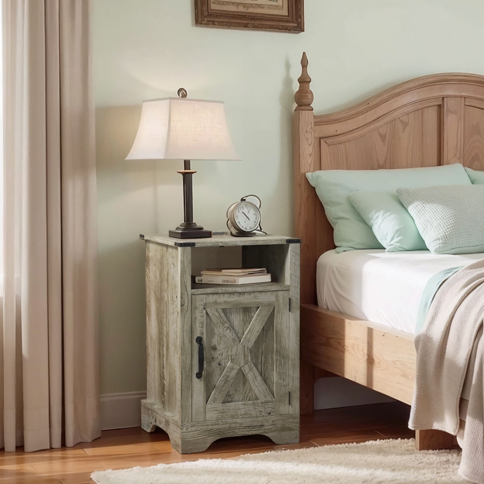 Superjoe Farmhouse Nightstand w/Charging Station, Wooden Rustic Tall Bedside Table, End Table w/Storage Shelf & Shelf for Bedroom, Living Room, Light Gray