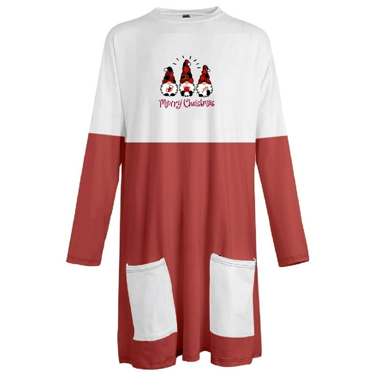 christmas blouse dress WXLWZYWL Women Christmas Dress Shirt Long Sleeve Tops Santa Printed  Pullover Loose Plus Size T-Shirt Blouse Dress with Pockets