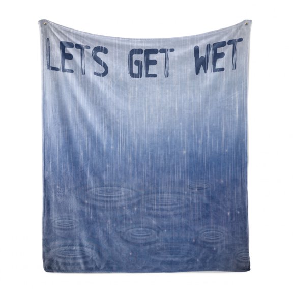 Lettering Soft Flannel Fleece Blanket, Let's Get Wet Typography with Heavy Rain on Soft Ombre Design Print, Cozy Plush for Indoor and Outdoor Use, 50" x 70", Slate Blue and Ceil Blue, by Ambesonne