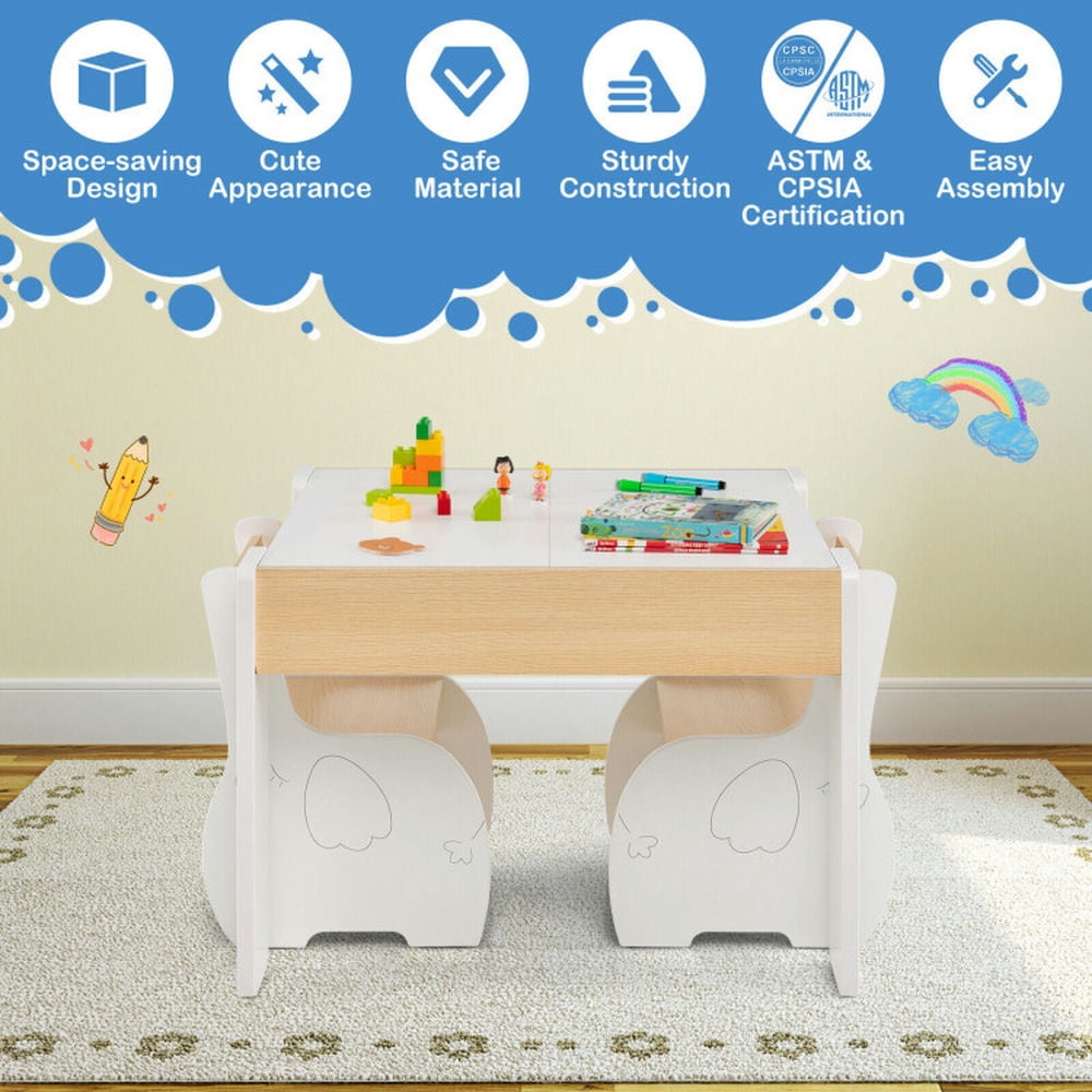 Canddidliike 4-in-1 Wooden Activity Kids Table and Chairs with Storage and Detachable Blackboard-White, Kids Table for Arts & Crafts, Snack Time, Homeschooling, Homework