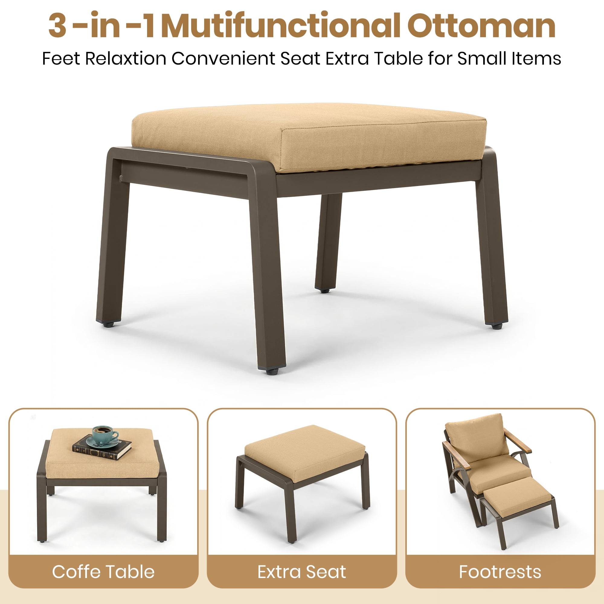 Complete 6-Piece Outdoor Patio Furniture Set with Steel Frame Sofa, 3-Seat Couch, 2 Armchairs, 2 Ottomans and Acacia Wood Coffee Table, Cushions for Backyard Garden, Brown