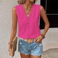 thumbnail image 5 of Husipze Women's Sleeveless V-Neck Tank Top Lace Crochet Trim Casual Solid Button Down Summer Shirt Hollow-Out Blouse Hot Pink M, 5 of 9