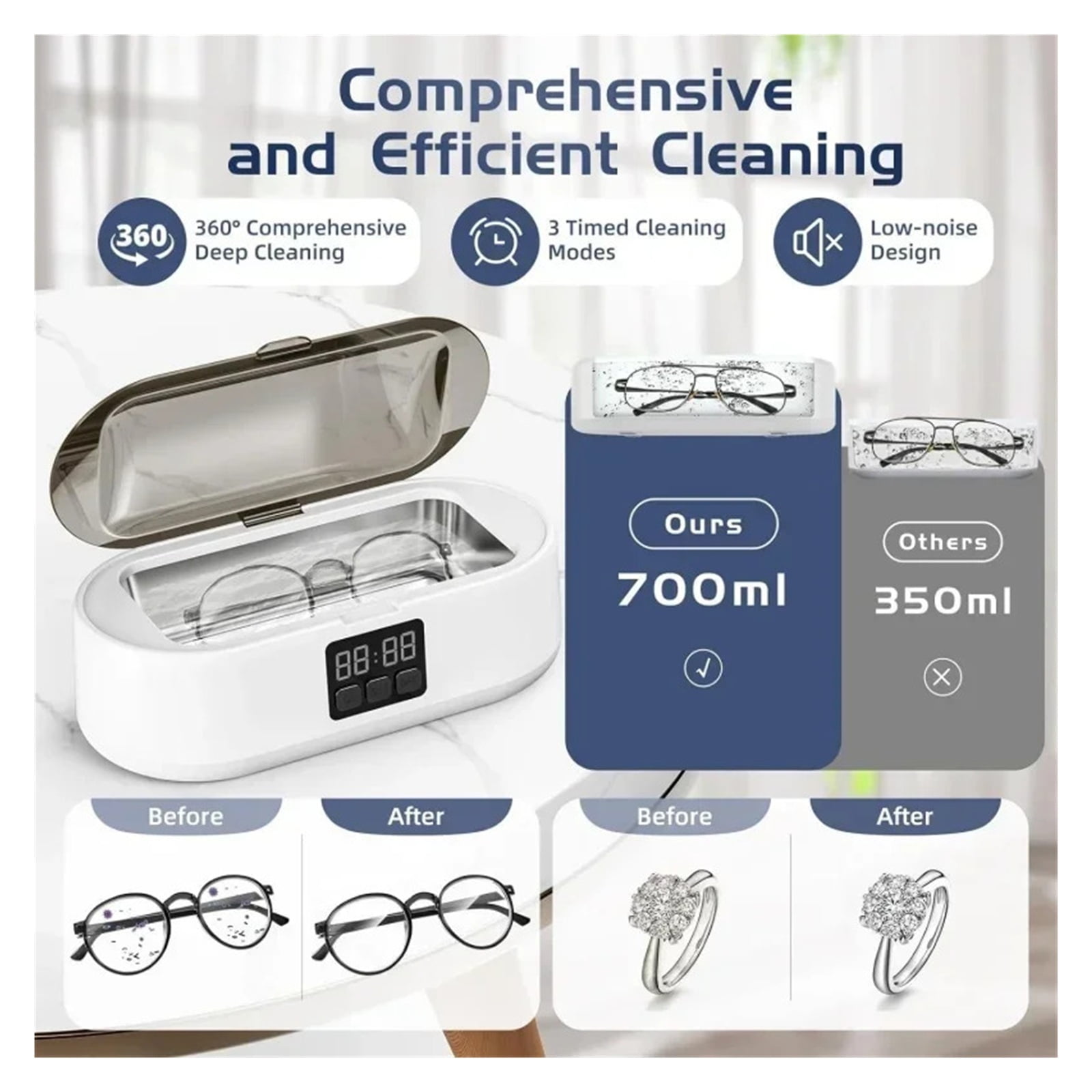 Jewelry Cleaner,700ML Professional Ultrasonic Cleaner with 3 Modes Digital Timer,Portable