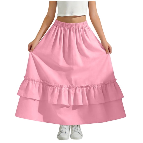 OGLCCG Maxi Skirts for Girls Casual Elastic High Waisted Ruffled Long Skirt Summer Boho A Line Flowy Swing Tiered Skirts with Pockets