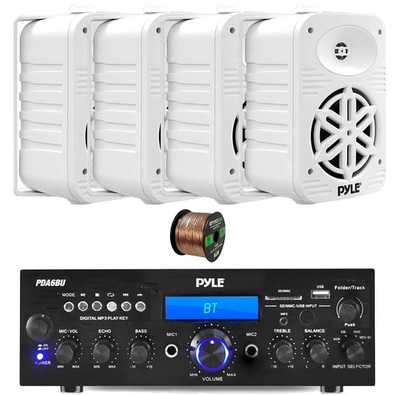 Pyle PDA6BU 200-Watt Bluetooth USB/AUX Home Audio Stereo Receiver, 4x Pyle PDWR55WT 5.25" 500 Watts Max Power 2-Way Indoor/Outdoor White Speakers, 50 Feet 16 Gauge Speaker Wire