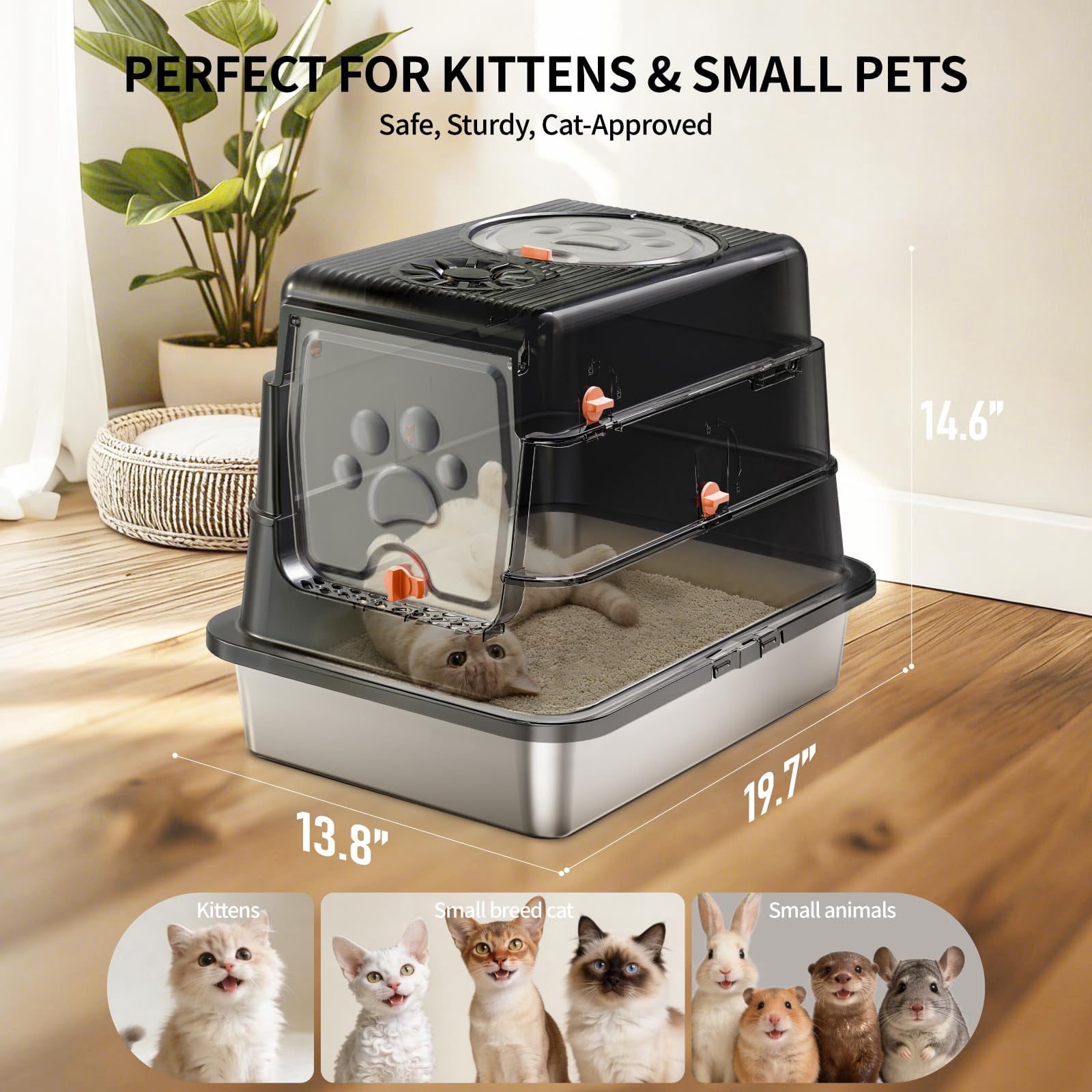 Black Small Stainless Steel Cat Litter Box With Flip Lid
