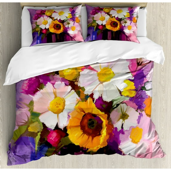 Gerber Daisy Duvet Cover Set King Size, Hand Painted Floral Gerbera Daisy Sunflower and Green Leaf Bouquet Still Life, Decorative 3 Piece Bedding Set with 2 Pillow Shams, Multicolor, by Ambesonne