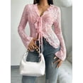 thumbnail image 5 of Women'S V Neck Lace Sheer Top Mesh See Through Shirts Open Front Tie Long Sleeve Blouses Y2k Going Out Tops Pink S, 5 of 9