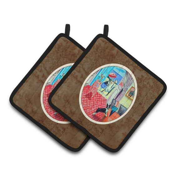 Lady with her Boston Terrier Pair of Pot Holders