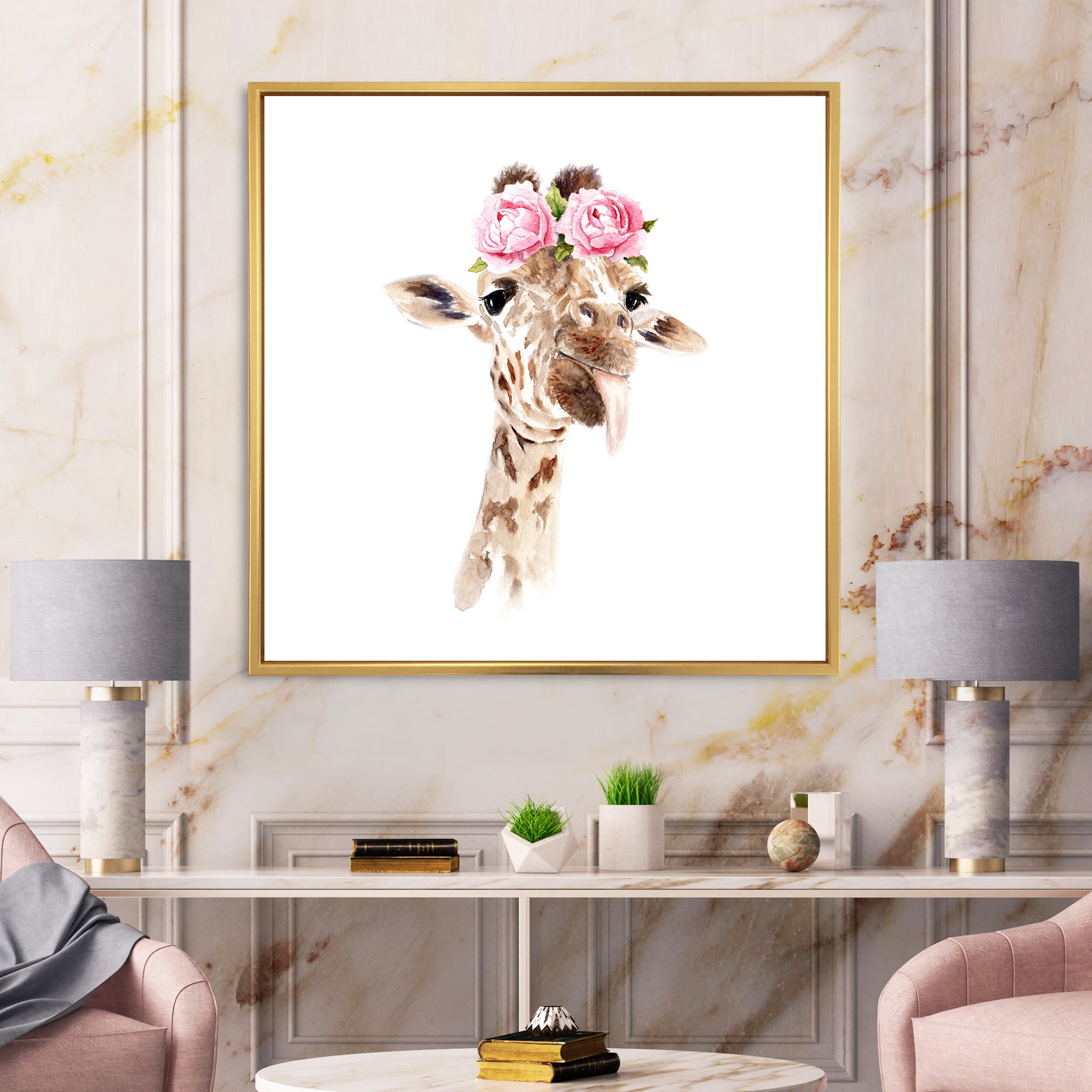 Designart 'Portrait of A Giraffe With Pink Flowers' Farmhouse Framed Canvas Wall Art Print