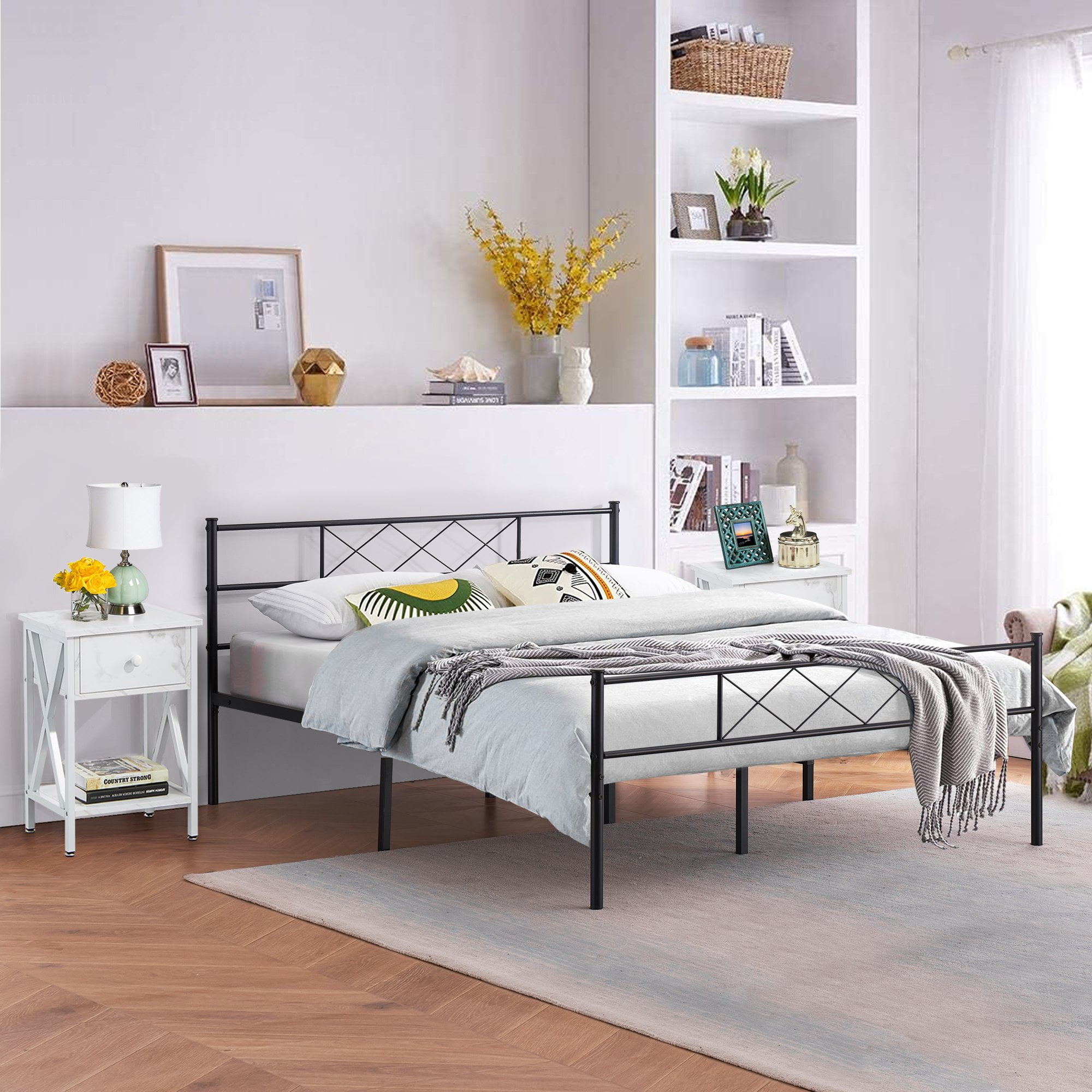 Queen Size Bed Frame and Nightstands Bedroom Sets, 3Piece Set