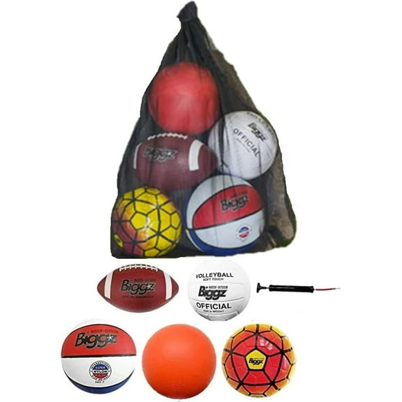 Biggz Bag of Sport Balls – Basketball, Soccer Ball, Football, Volleyball, Red Playground Ball, and Pump