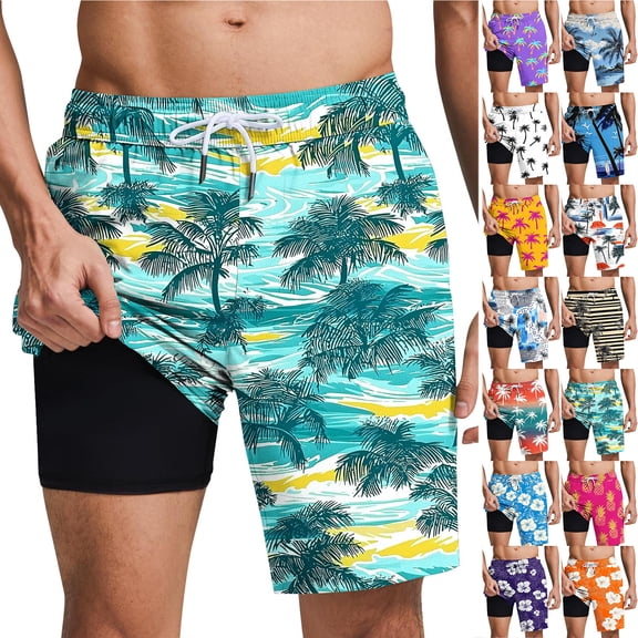 LODIENY Mens Swimming Trunks with Stretch Liner 2 in 1 Quick-Dry Swim Bathing Suit Trendy Tropical Palm Tree Printed Drawstring Elastic Wasit Beach Board Swim Pool Shorts with Pockets Blue S