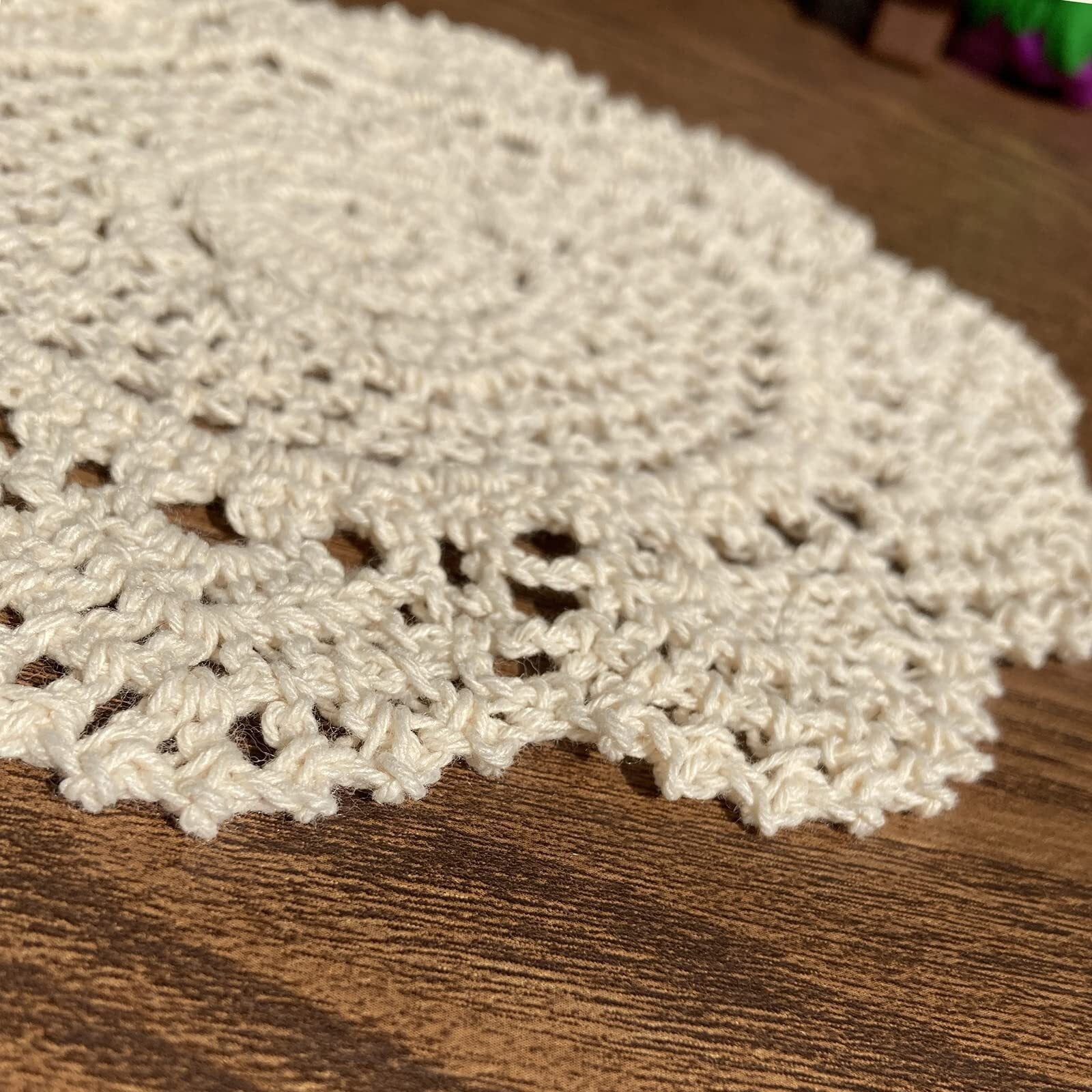 Beige Round 8 inch Crocheted Cotton Doily Floral Design Fabric Doilies Pack,Set of 2 Dollies Crochet Table Place Mats for Christmas Table Decoration
